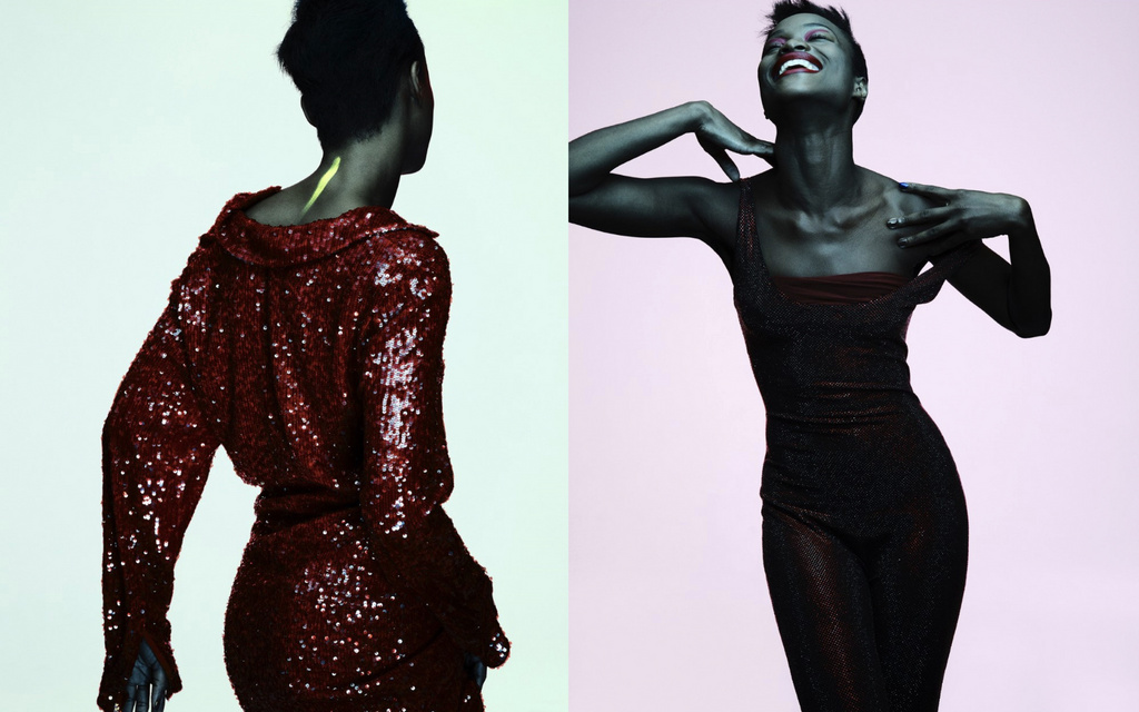 Split image of a young Black female fashion model in a red sequined dress and a dark shimmering jumpsuit, posing against light backdrops.
