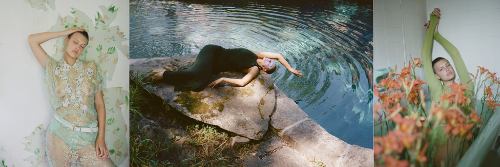 Triptych of a bald model wearing see-through and colorful garments. One pose shows her relaxing in water. The last shows her with flowers.