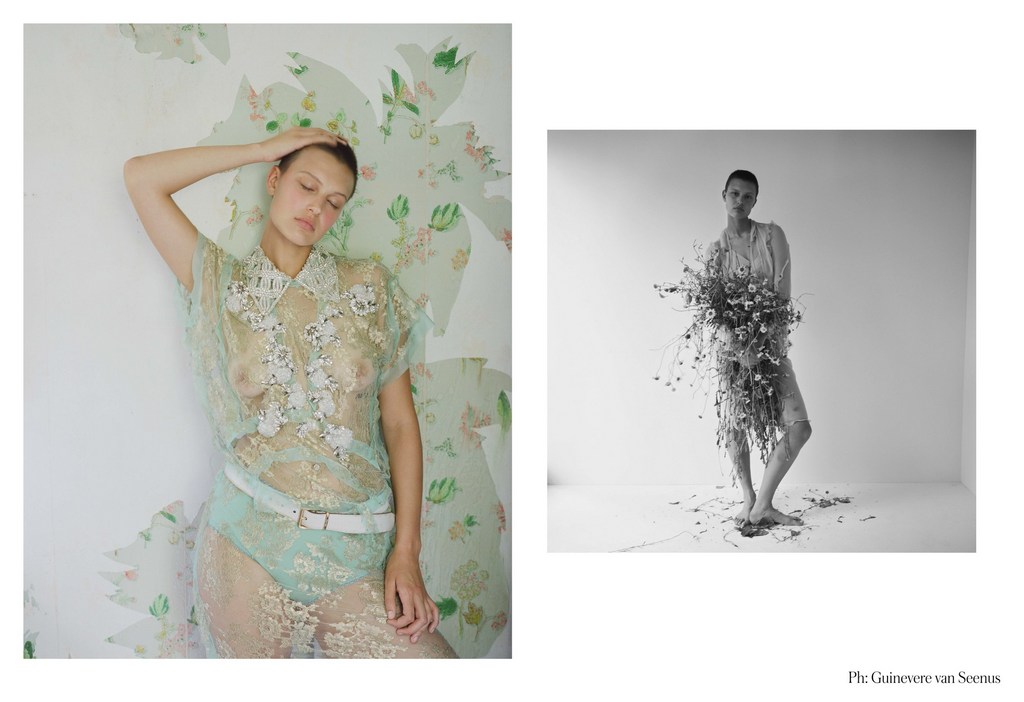 Two fashion photographs featuring a model in sheer clothing, one in color with floral wallpaper and the other in black and white with flowers.