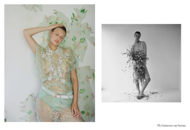 Two fashion photographs featuring a model in sheer clothing, one in color with floral wallpaper and the other in black and white with flowers.