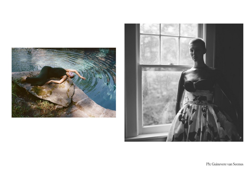 Two panel fashion spread featuring a model lying by water and standing near a window styled by Phyllis Posnick