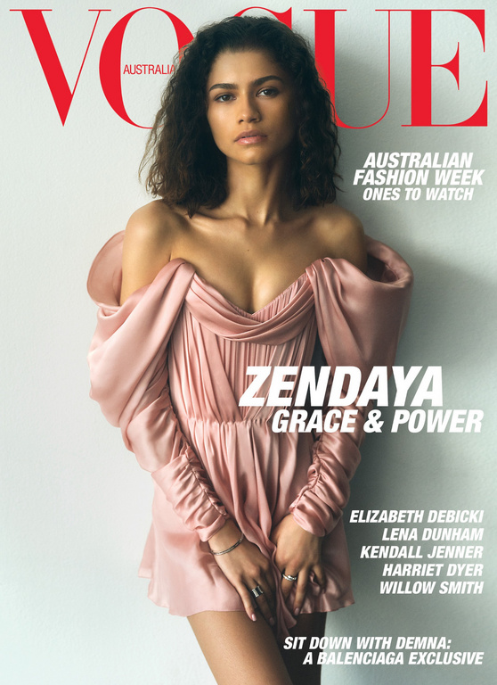 Vogue Australia cover featuring Zendaya in a pink dress, posing against a neutral backdrop with magazine masthead and text overlays.