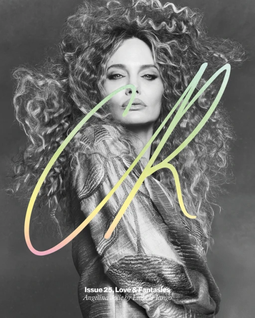 Black and white magazine cover featuring a woman with curly hair and a patterned shawl, with overlaid graphic text in pastel colors.