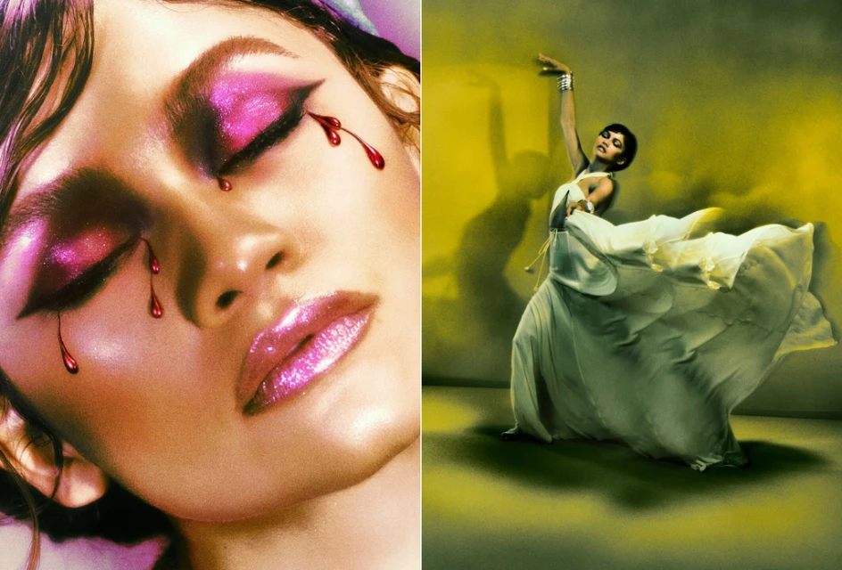 Beauty portrait featuring a woman with striking pink eye makeup and another woman dancing in a flowing white dress against a muted background.