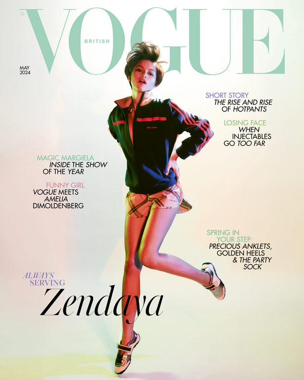 Vogue cover featuring Zendaya in a sporty chic outfit, captured in a full shot, with British Vogue masthead and May 2024 date.