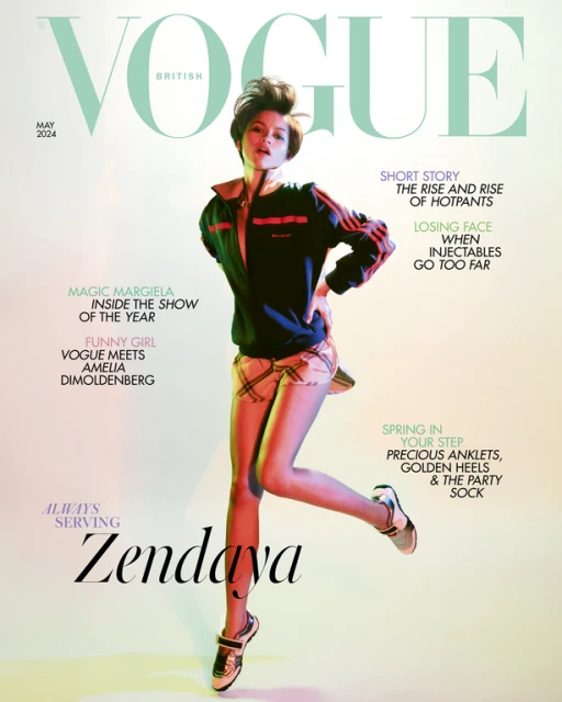 Vogue cover featuring Zendaya in a sporty chic outfit, captured in a full shot, with British Vogue masthead and May 2024 date.