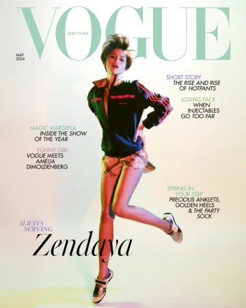 Vogue cover featuring Zendaya in a sporty chic outfit, captured in a full shot, with British Vogue masthead and May 2024 date.