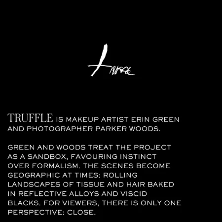 Text on a black background with the word Truffle in all caps, followed by details about the project, makeup artist, and photographer.