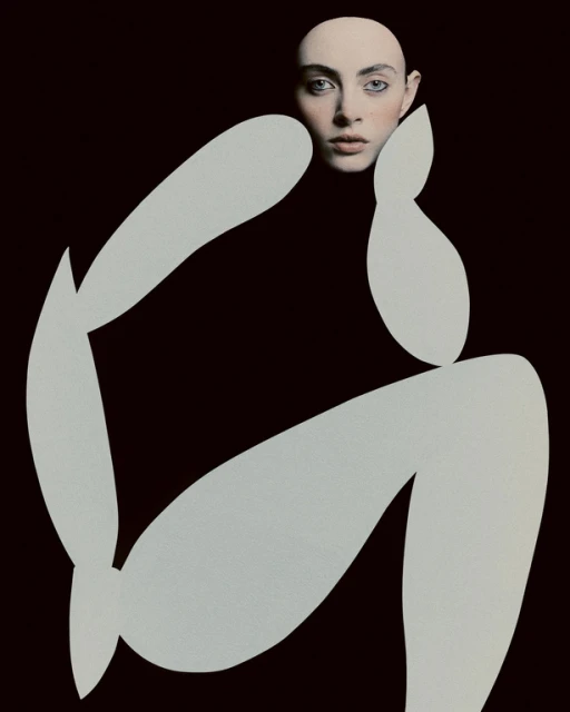 Surreal portrait of a woman with a bald head and pale skin, posing with light grey abstract shapes against a solid black background.