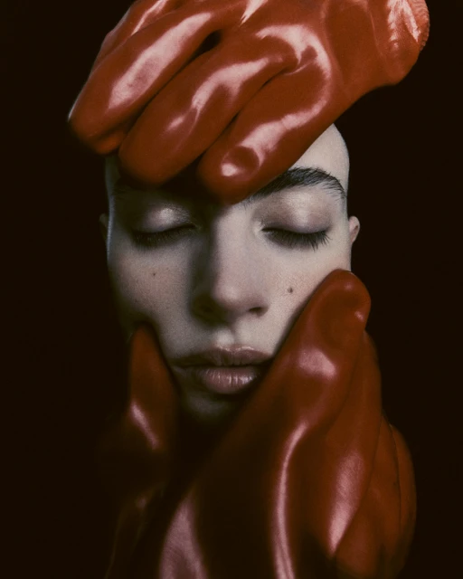 Woman with closed eyes and bald head framed by shiny, bright-red latex gloves in an intimate portrait against a dark background.