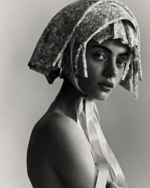 Monochrome portrait of a young woman with light skin wearing a textured headdress with ribbons, shot in a photo studio.