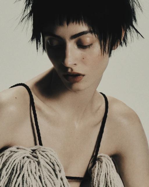 Close-up portrait of a young adult woman with dark hair and fair skin looking down, wearing a textured top against a plain background.