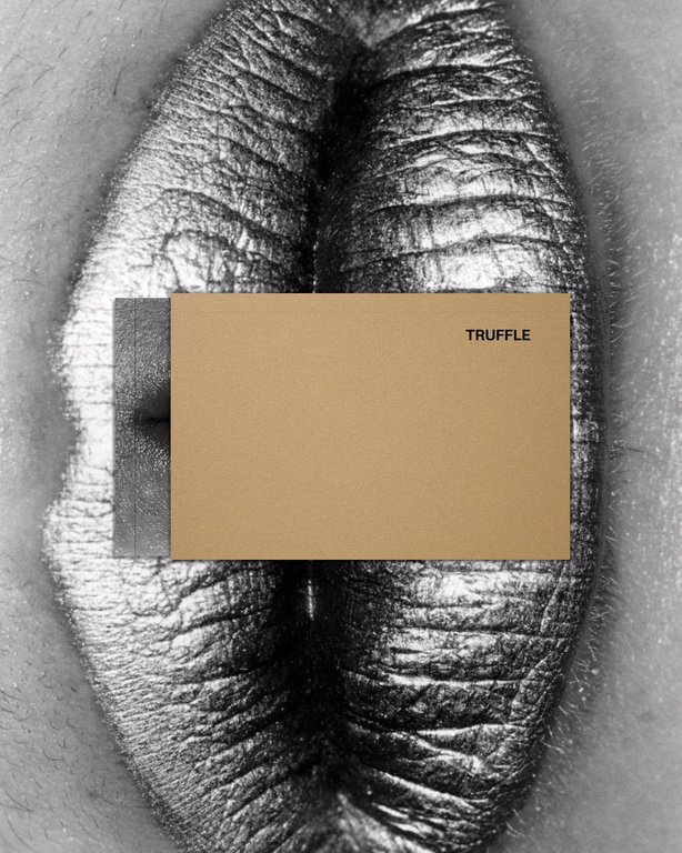 Close-up studio shot of female human body art in grayscale. A tan rectangle with the word TRUFFLE covers the body's center.