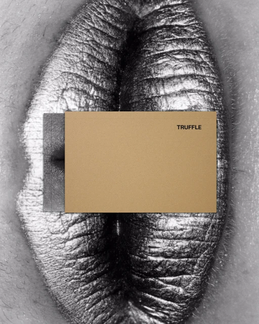 Close-up studio shot of female human body art in grayscale. A tan rectangle with the word TRUFFLE covers the body's center.