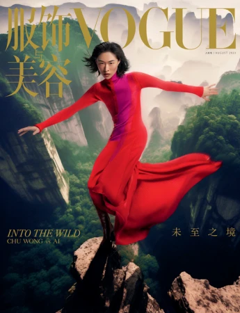 Vogue fashion magazine cover featuring a woman in a flowing red and fuchsia dress posing on a rocky outcrop with a mountain background.