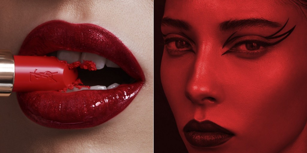 Close-up beauty shot of red lipstick on lips, and model's face with red lighting and graphic black winged eyeliner.
