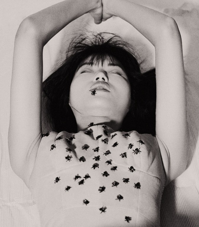 Monochrome portrait of an Asian woman lying down with a fly on her lip, wearing a dress covered with fly designs, shot from overhead.