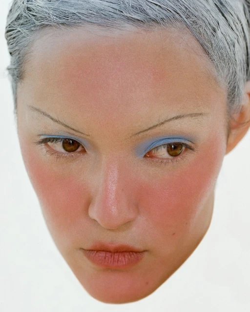 Close-up portrait of an adult female face with light skin, brown eyes, pale pink blush, blue eyeshadow, and light grey hair.