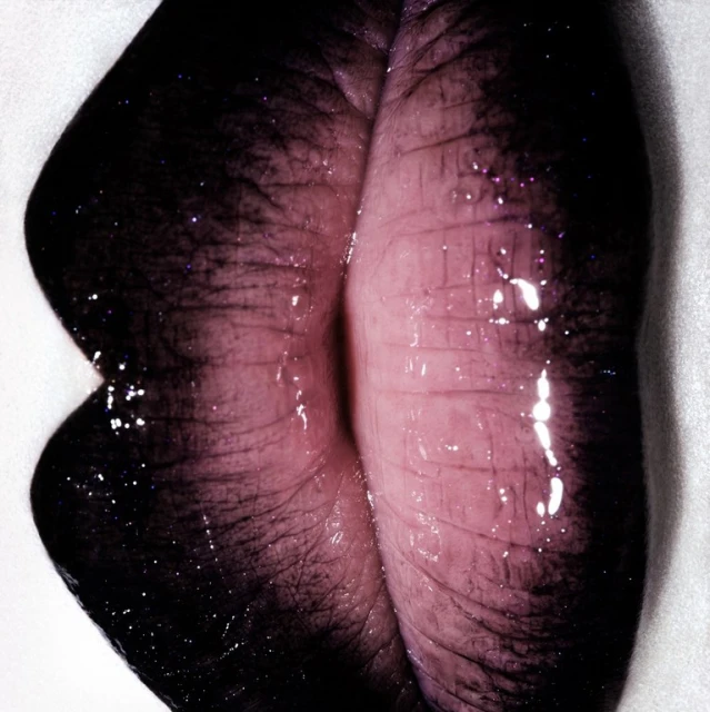 Extreme close-up of human lips featuring dark ombre lipstick and glossy texture, set against a bright white background.
