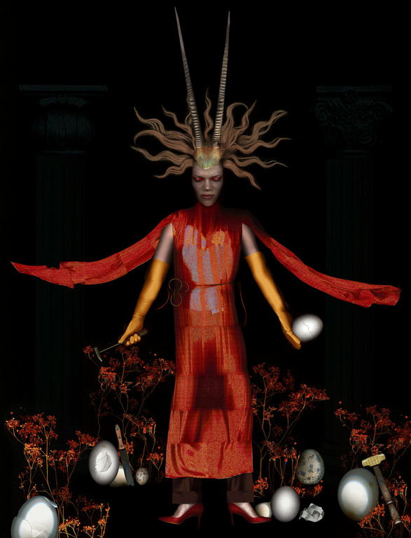 Woman in red dress with horns holds an egg in surreal setting, surrounded by flowers, columns, and eggs against a dark backdrop.