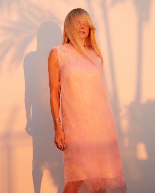 An adult female with long blonde hair wearing a pink dress stands in a photo studio with natural-light, and palm-frond shadows.