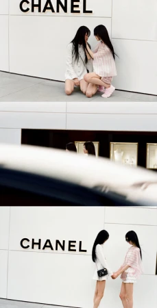 Triptych image featuring two women kneeling and standing outside a Chanel storefront with white paneling.