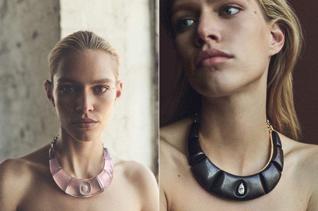 Close-up of two women wearing different statement necklaces against contrasting backgrounds, showcasing beauty and fashion.