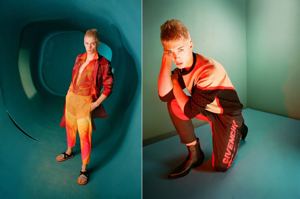 Split-screen fashion portrait featuring a fair-skinned young adult in orange and red outfits against teal, offering a stylish studio look.