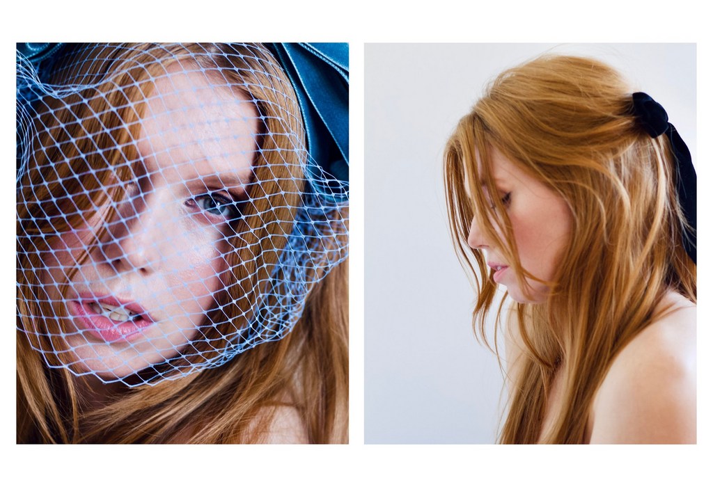 Close-up diptych of a young woman with auburn hair. One half features a netted veil, and the other side shows a velvet ribbon in her hair.