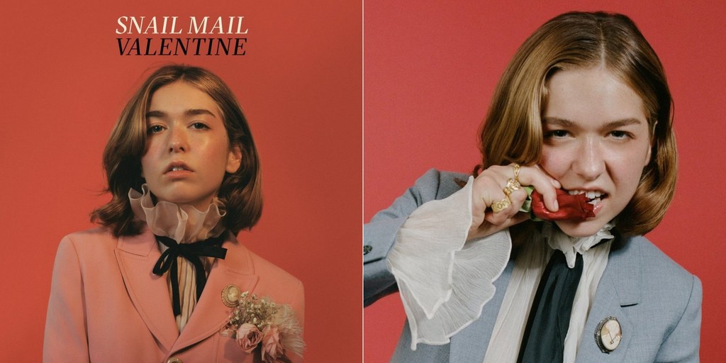 Two-panel album cover featuring a young adult with brown hair and floral accents, set against a solid red backdrop and a moody atmosphere.