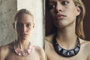 Diptych portrait of a woman wearing a translucent pink statement necklace on the left and a dark textured sculptural necklace on the right.