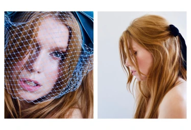 Close-up split portrait of a woman with long red hair wearing a blue netted veil and black velvet hair bow against a white background.
