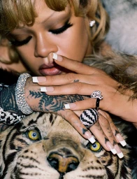 Close-up portrait of Rihanna resting hands on a taxidermy tiger head, wearing diamond rings and bracelets with a textured fur collar.