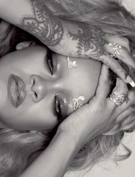 Close-up portrait of Rihanna with decorative eye jewels, ornate hand tattoos, and statement rings styled by Jackson Heller.