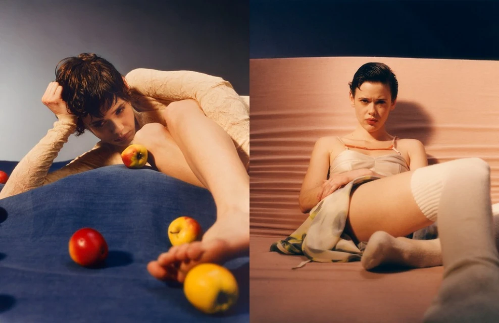 Two photos side by side showing a young woman in different poses with apples. One is on a blue surface, one on a pink surface.