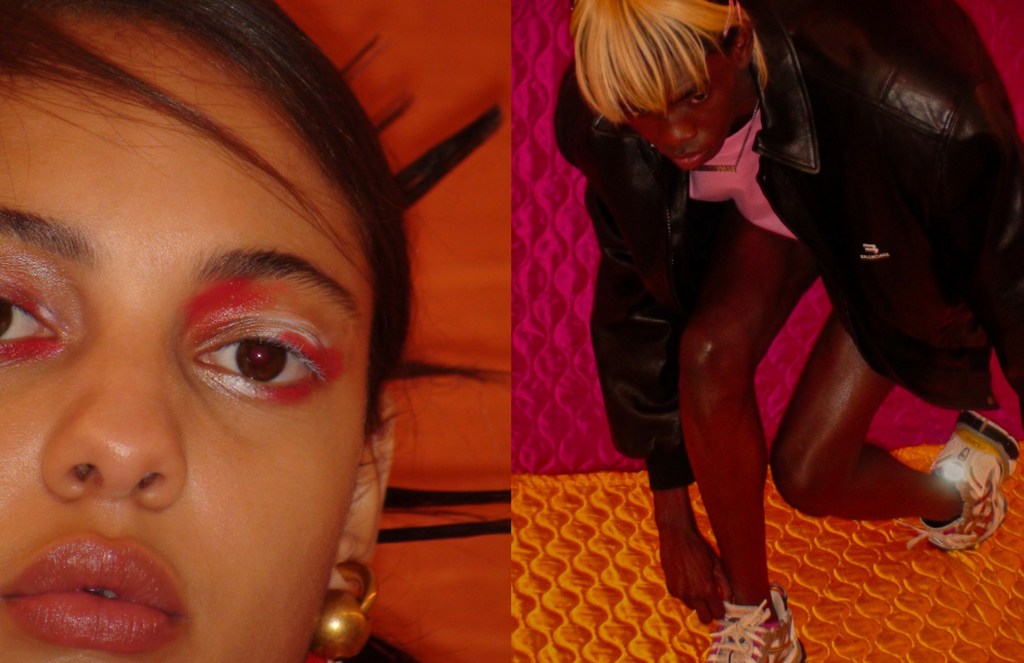 Fashion editorial split-screen with a close-up of a woman's face with bright makeup, next to a crouching person in a leather jacket.