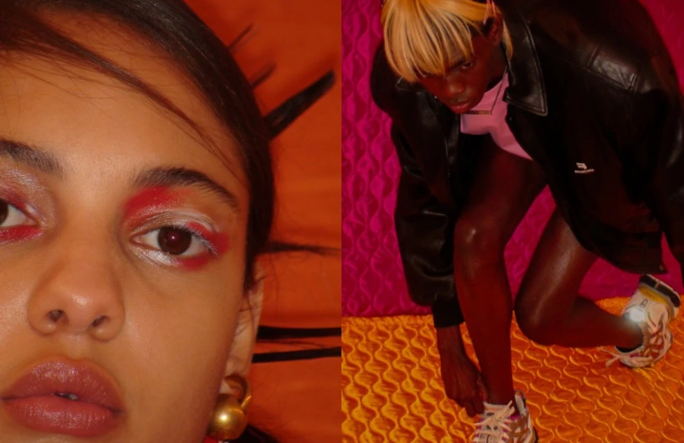 Fashion editorial split-screen with a close-up of a woman's face with bright makeup, next to a crouching person in a leather jacket.