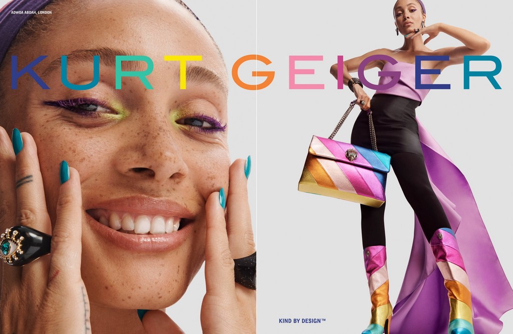 Close-up fashion shot features a smiling woman with vibrant makeup, turquoise nails, and stylish rings, alongside a model with a colorful handbag and boots.