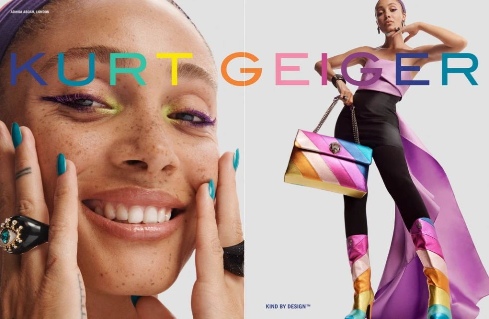 Close-up fashion shot features a smiling woman with vibrant makeup, turquoise nails, and stylish rings, alongside a model with a colorful handbag and boots.