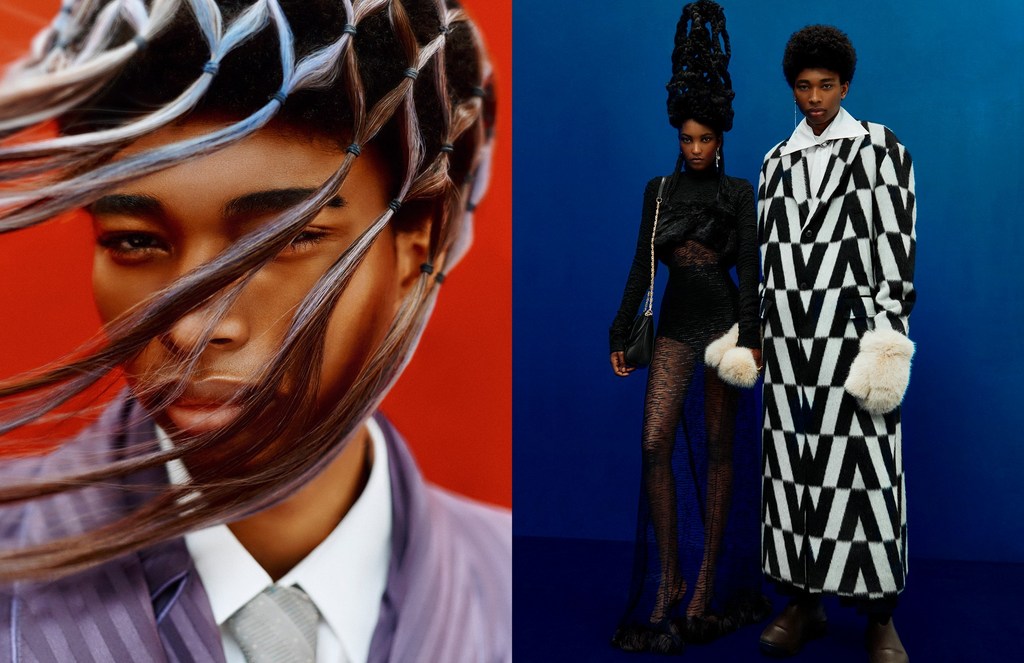 A split-screen fashion image featuring a close-up of a person with braided hair and two fashion models in black and white patterned clothing.