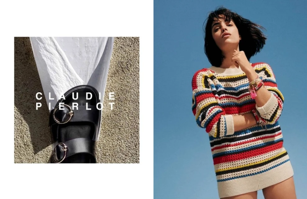 A split-screen fashion ad shows a woman in a striped sweater and a pair of black sandals with the brand name Claudie Pierlot.