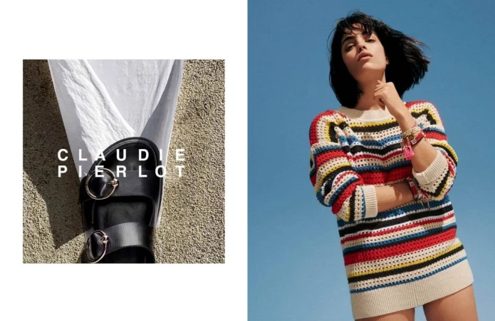 A split-screen fashion ad shows a woman in a striped sweater and a pair of black sandals with the brand name Claudie Pierlot.