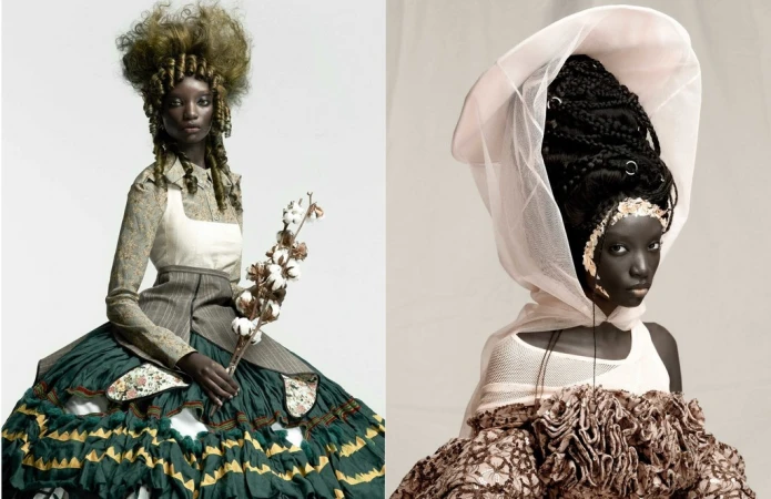 Two images show a dark-skinned woman wearing elaborate historical fashion with unique hairstyles and makeup in a bright photo studio.