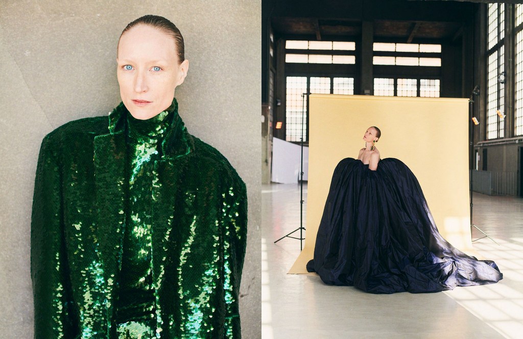 Two fashion portraits: a woman in a green sequin jacket and another in a large, dark blue dress on a yellow backdrop in a studio.