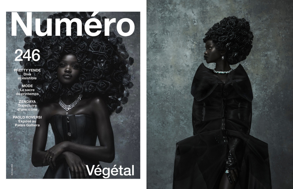 Editorial fashion shot: a woman with dark skin poses in a sculptural dress with a rose-covered hairpiece, magazine cover aesthetic.