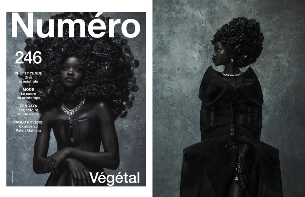 Editorial fashion shot: a woman with dark skin poses in a sculptural dress with a rose-covered hairpiece, magazine cover aesthetic.