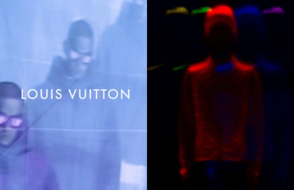 Split view showing a blue-toned blurred figure on the left with Louis Vuitton text and a dark silhouetted figure in red light on the right
