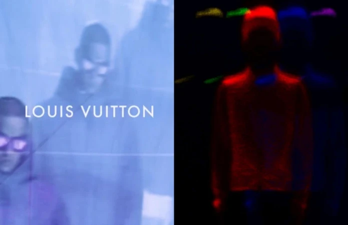 Split view showing a blue-toned blurred figure on the left with Louis Vuitton text and a dark silhouetted figure in red light on the right