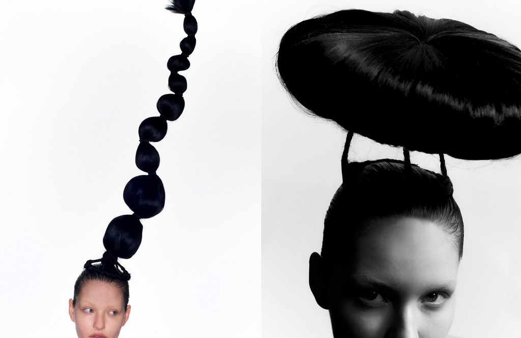Two-panel fashion portrait featuring avant-garde black hair sculptures on models against a plain white background.