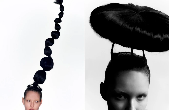 Two-panel fashion portrait featuring avant-garde black hair sculptures on models against a plain white background.